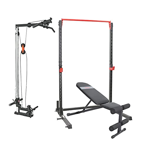Sunny Health & Fitness Essential Adjustable Squat Rack with LAT Pull Down Attachment and Weight Bench