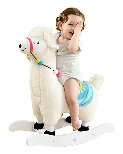 Baby Rocking Horse - Pink Alpaca Baby Plush Rocker Toys, Plush Wooden Riding Horse for 18Month + Boy&Girl, Toddler Outdoor&Indooor Toy Rocker, Plush Animal Rocker, Infant Gift Alpaca (White)