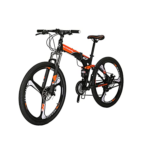 Eurobike XLX-G7 Folding Mountain Bike 27.5Inch Wheels Dual Disc Brake 21 Speed Adult Floding MTB Bicycle for Men and Women (Orange 3 Spoke mag Wheel)