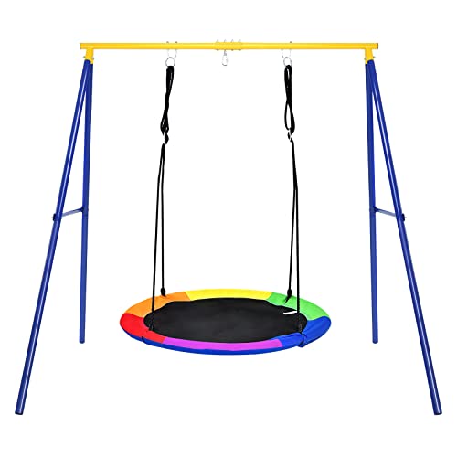 Costzon 550lbs Swing Frame Stand with 40'' Saucer Swing, A-Frame Swing Sets for Backyard w/Ground Stakes and Adjustable Ropes, Great for Indoor Outdoor Kids (Swing Frame with Reversible Swing)