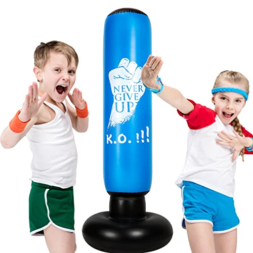 Inflatable Kids Punching Bag - 63 Inches Boxing Bag for Boys Training Karate Taekwondo MMA- Kicking Bag with Stand for Toddlers - Perfect Boxing Equipment for Kid Birthday Christmas Toys Gifts