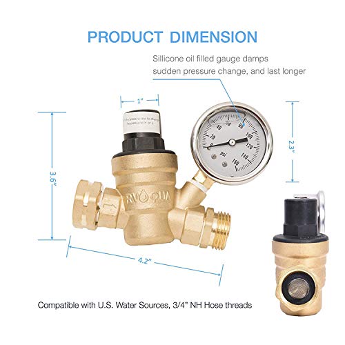 RVAQUA M11-45PSI Water Pressure Regulator for RV Camper - Brass Lead-Free Adjustable RV Water Pressure Reducer with 160 PSI Gauge and Inlet Stainless Screened Filter