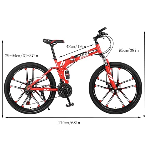 Kiosan Mountain Bike for Men 26 inch Folding Bike Full Suspension, 21 Speed High-Tensile Carbon Steel Frame MTB, Dual Disc Brake Bicycle for Women Bicicletas para Hombres (Red #10 Spoke)