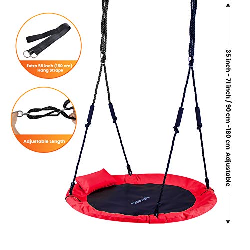 LITTLELOGIQ Saucer Tree Swing for Kids, 40 Inch Outdoor Swing Sets for Backyard, Round Flying Swing Seat with 2 Hanging Straps, 700lb Capacity, Adjustable Ropes, Gift for Adults, Boys, Girls - Red