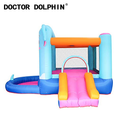 doctor dolphin Inflatable Bounce House, Jumping Castle with Slide & Ball Pit for Kids, Indoor & Outdoor Bouncer with Air Blower (Elephant Theme)