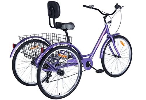 Ey Easygo Adult Tricycle, 3 Wheel Bike Adult, Three Wheel Cruiser Bike 24 inch 26 inch Wheels Option, 7 Speed, Wide Handlebar, Pedal Forward for More Space, Purple