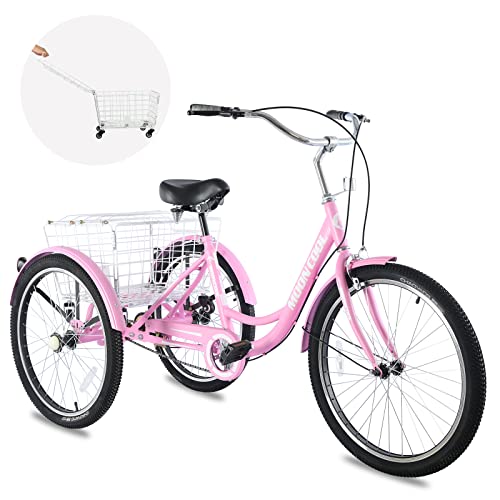 Barbella Adult Tricycles, Single Speed Adult Trikes 24/26 inch 3 Wheel Bikes, Three-Wheeled Bicycles Cargo Cruise Trike with Removable Wheeled Basket for Recreation Shopping