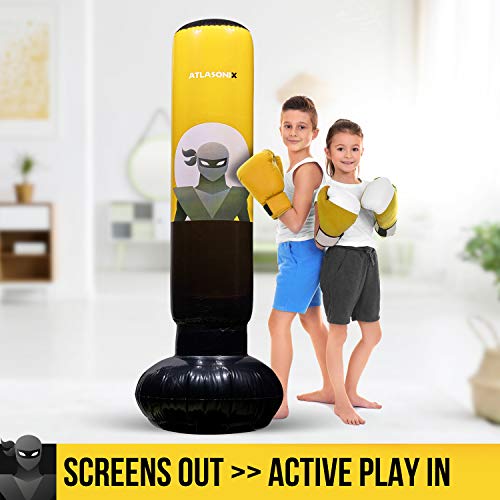 Atlasonix Inflatable Kids Punching Bag | 3-10 Years Old Ninja Boxing Bag for Practicing Karate, Taekwondo, MMA and to Relieve Pent Up Energy in Kids | Ninja Toys Birthday Gift for Boys Tall 5’ 3”