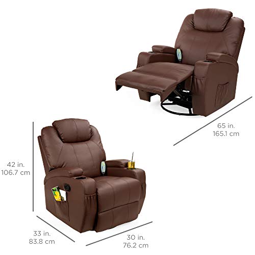 Best Choice Products Executive Faux Leather Swivel Electric Glider Massage Recliner Chair w/Remote Control, 5 Heat & Vibration Modes, 2 Cup Holders, 4 Pockets - Brown