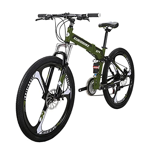 Folding Mountain Bike for Adults 26 Inch Wheels 21 Speed Dual Disc Brakes Full Suspension Foldable Bikes Mens Bicycle (3-Spoke Green)