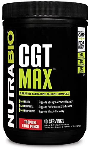 NutraBio CGT-MAX Powder- Creatine, Glutamine and Taurine to Support Muscle Recovery and Strength - 40 Servings - Tropical Fruit Punch
