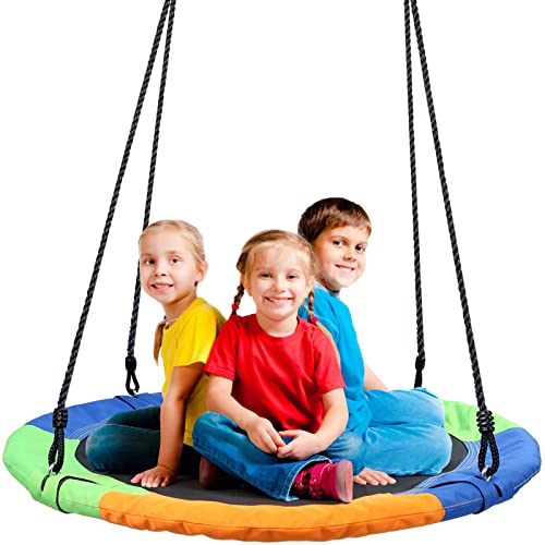 Odoland 40 inch Kids Saucer Tree Swing, Large Outdoor Chidren Round Rope Swing Installed on Tree and Backyard, Big Flying Saucer Platform Swing 660lb Weight Capacity Great for 3 Kids and 1 Adult