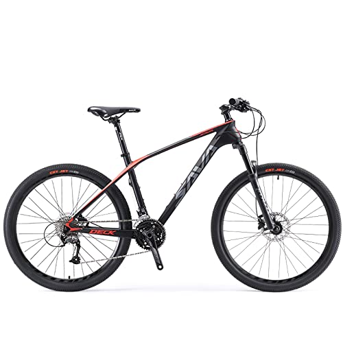 SAVADECK Carbon Mountain Bike, DECK2.0 Carbon Fiber Frame Carbon Fork MTB 27.5"/29" Complete Hard Tail Mountain Bicycle,Disc Brake 27 Speed with Shimano DEORE M2000 Group Set, Black Red 27.5x15''
