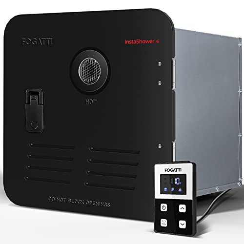 FOGATTI RV Tankless Water Heater, 2.2 GPM, Gen 2, 12V with Black Door and Remote Controller, 42,000 BTU, InstaShower 6, Optimized Summer Comfort Performance, Ideal for RVers' Family Use