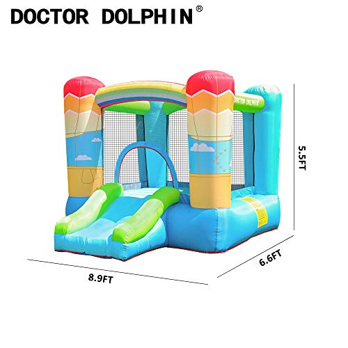 Doctor Dolphin Inflatable Bouncy House - Bounce Castle for Kids Jumping Slide House with Air Blower (Hot Air Balloon & Rainbow Theme)