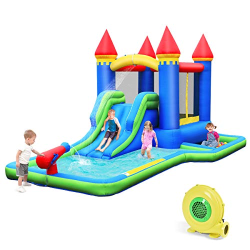 BOUNTECH Inflatable Water Slide, Jumping Bouncer Water Park with Climbing Wall, Ball Pit Pool, Water Cannon, Splash Pool, Ocean Balls, Water Slides for Kids Backyard w/Accessories (with Blower)
