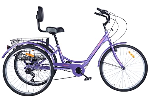 Ey Easygo Adult Tricycle, 3 Wheel Bike Adult, Three Wheel Cruiser Bike 24 inch 26 inch Wheels Option, 7 Speed, Wide Handlebar, Pedal Forward for More Space, Purple