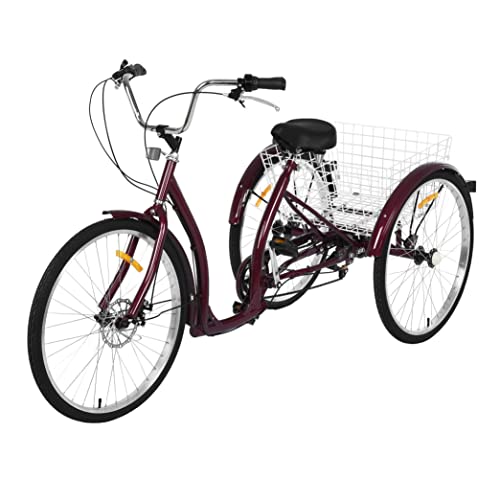 26 inch Adult Tricycles 6 Speed, Adult Trikes 3 Wheel Bikes, Three-Wheeled Bicycles Cruise Trike with Shopping Basket for Seniors, Women, Men. (001-Wine)