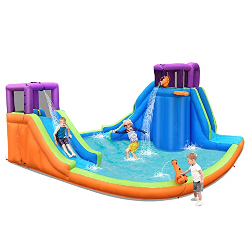 HONEY JOY Inflatable Water Slides for Kids, Giant Splash n Slide Water Castle w/Climbing Wall & Long Slide, Splash Pool w/Water Guns, Indoor Outdoor Blow Up Water Park for Backyard(Without Blower)
