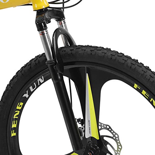 26In Folding 3-Spoke Mountain Bike - Foldable MTB Bikes, Front Suspension Mountain Bike, 21-Speed Derailleur, Disc Brakes, Load: 200lb, Semi-Assembled State, Yellow, Fits up to 5'-6.1' [US in Stock]