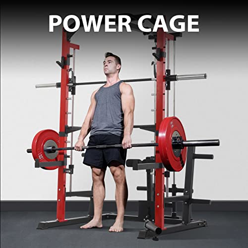 Mikolo Smith Machine, Power Cage Half Rack with LAT Pull Down System, Weight Cage Squat Rack with Leg Holdown Attachment, J-Hooks, Landmine, T-Bar, Dip Bars, and Other Attachments (2022 New Version)