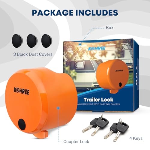 Kohree Heavy Duty Trailer Coupler Lock, RV Trailer Locks fit 2-5/16 inches, 2", 1-7/8" Couplers, Durable Structural Steel Safety Lock with 4 Keys & 4 Dust Covers, Orange