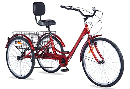 Ey Easygo Adult Tricycle, 3 Wheel Bike Adult, Three Cruiser 24 inch 26 Wheels Option, 7 Speed, Wide Handlebar, Pedal Forward for More Space, Maroon