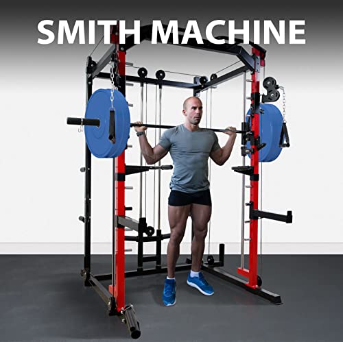 Mikolo Smith Machine Cage,Power Rack Cage with LAT Pull-Down System and Weight Bar, Total Body Strength Training Cage for Home Gym, Red