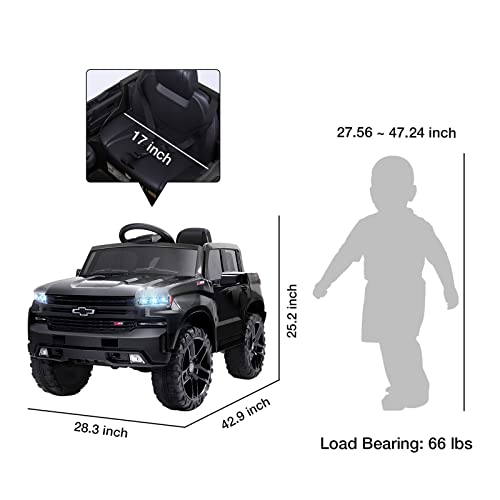 Chevrolet Silverado 12V Kids Boys and Girls Electric Ride on Truck Car Electric Vehicle with Parents Remote Control, 2 Speeds, 4 Wheels, LED Lights, Music (Dark)