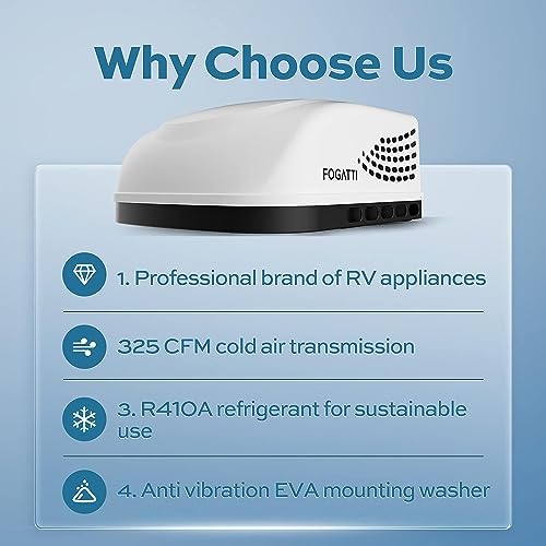 FOGATTI RV Air Conditioner with Heat Strip, 15000 BTU Non-Ducted RV AC, 115V, All-in-One Unit RV Rooftop AC for Cooling and Heating, Air Distribution Box & Remote Controller (White)