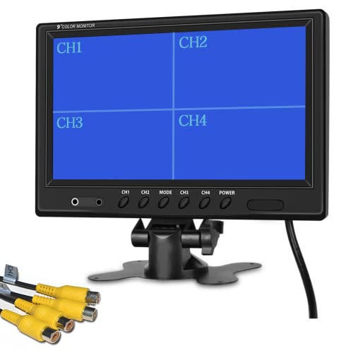 9 Inch Backup Camera Monitor Only, Quad Split Screen,Hikity 4 Channels RCA Video Inputs HD Vehicle Rear View Reverse Color TFT LCD Display Screen for Car SUV Van Truck Pickup