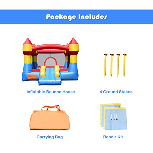 Costzon Inflatable Bounce House, Jumper Castle with Slide, Mesh Walls, Party Bouncy House for Kids Indoor Outdoor Use, Including Carry Bag, Repair Kit, Stakes (Without Blower)