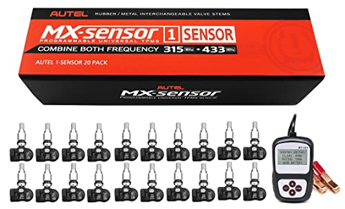 Autel MaxiTPMS MX-Sensor 20pcs Pack with Battery Tester 315MHz + 433MHz Dual Frequency TPMS Tire Sensor Metal Valve Stem Press-in Work with TS408 TS508 TS608 MS906TS ITS600