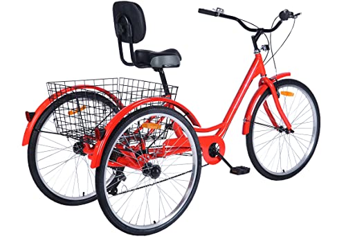Ey Easygo Adult Tricycle, 3 Wheel Bike Adult, Three Wheel Cruiser Bike 24 inch 26 inch Wheels Option, 7 Speed, Wide Handlebar, Pedal Forward for More Space, Red