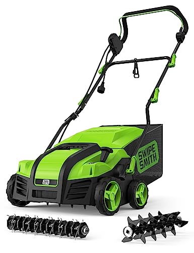 (2023 Upgraded) SWIPESMITH 16” 15 Amp Electric Dethatcher Scarifier, Lawn with 5-Position Depth Adjustment, 14.5 Gal Removable Thatch Collection Bag, Quick-Fold, Keeps Health