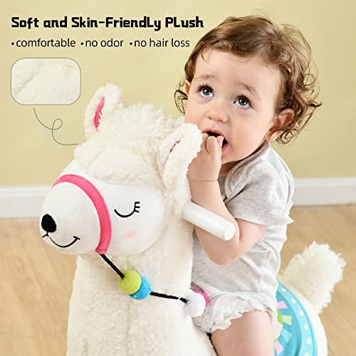 Baby Rocking Horse - Pink Alpaca Baby Plush Rocker Toys, Plush Wooden Riding Horse for 18Month + Boy&Girl, Toddler Outdoor&Indooor Toy Rocker, Plush Animal Rocker, Infant Gift Alpaca (White)