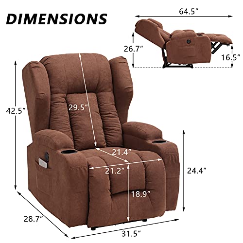 IPKIG Power Recliner Chair with Massage and Heat, Electric Recliner Chair for Adult & Elderly with USB Charge Port, Side Pockets, 6 Points Vibration Massage, Linen Fabric (Coffee)