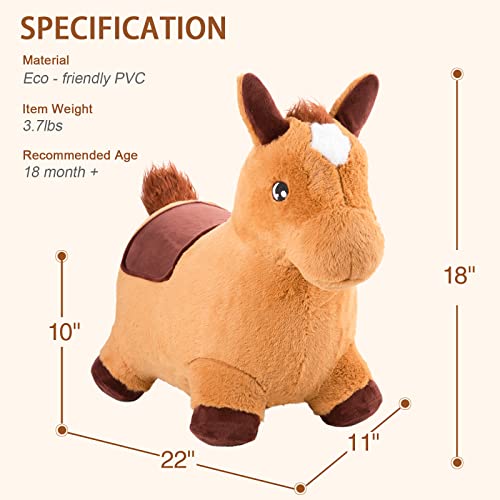 INPANY Bouncy Horse for Toddlers - Plush Brown Bouncing Horse Hopper, Ride on Animal Toys for Girls Boys, Outdoor Indoor Inflatable Horse Gifts - Plush Covered (Include Pump)