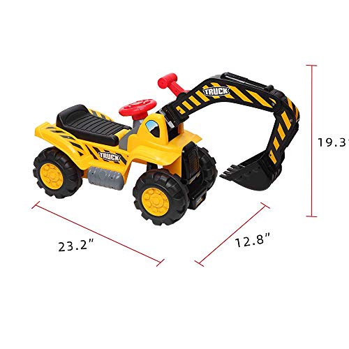 JOYMOR Children’s Excavator Toy Ride On Toy, Push and Go Construction Toy for Boys and Girls with Sounds, for Indoor and Outdoor Play, Includes Plastic Artificial Stones and Hard Safety Helmet