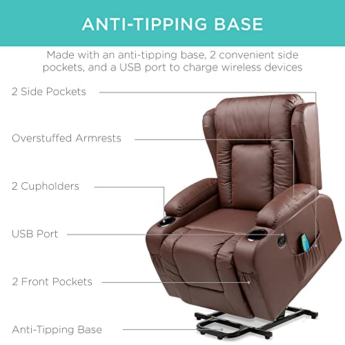 Best Choice Products Electric Power Lift Recliner Massage Chair, Adjustable Furniture for Back, Lumbar, Legs w/ 3 Positions, USB Port, Heat, Cupholders, Easy-to-Reach Side Button - Brown