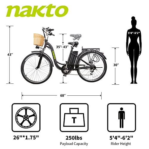 NAKTO Electric 350W Ebike 26'' Electric Bicycle,25MPH Adults Ebike with Removable 36V10.4Ah Battery, Professional 6 Speed Gears with LCD Display