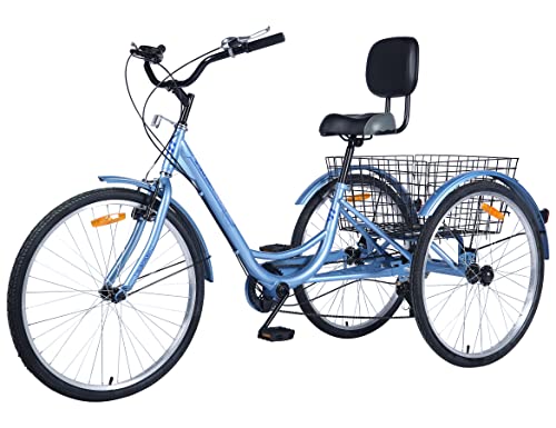Ey Easygo Adult Tricycle, 3 Wheel Bike Adult, Three Wheel Cruiser Bike 24 inch 26 inch Wheels Option, 7 Speed, Wide Handlebar, Pedal Forward for More Space, Blue