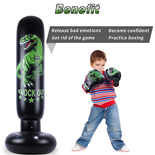 Dinosaur Punching Bag for Kids - 63 inch Inflatable Boxing Bag with Gloves - Children Sports Toys Exercising Boxing Set for Training Karate and Taekwondo - Freestanding Tumbler Bounce Back New 2022