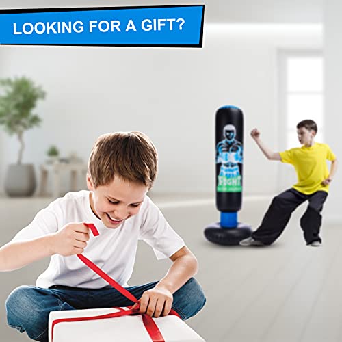 Inflatable Kids Punching Bag with Stand 63 inch with Stand Freestanding Punching Bag with Bounce Back Tall 63 inch Fitness Boxing Bag for Practice Kickboxing Taekwondo MMA Karate for Kids and Adults