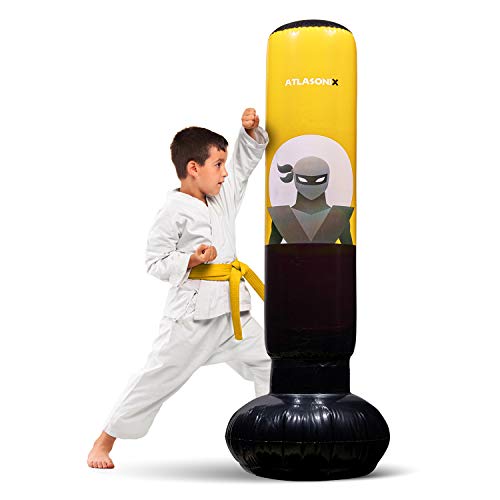 Atlasonix Inflatable Kids Punching Bag | 3-10 Years Old Ninja Boxing Bag for Practicing Karate, Taekwondo, MMA and to Relieve Pent Up Energy in Kids | Ninja Toys Birthday Gift for Boys Tall 5’ 3”