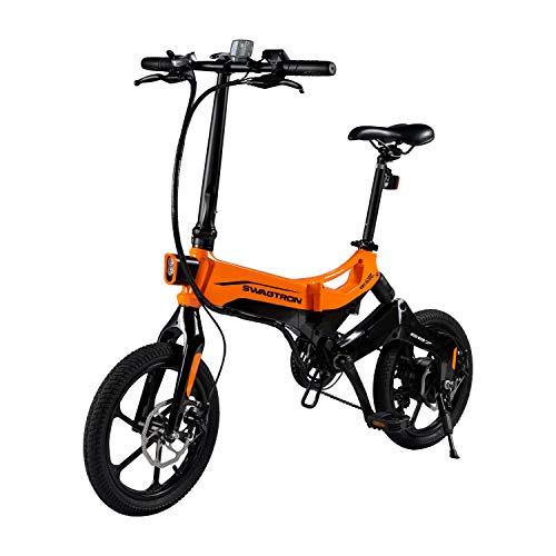 Swagtron Swagcycle EB-7 Elite Plus Folding Electric Bike with Removable Battery, Orange/Black, 16" Wheels, 7-Speed