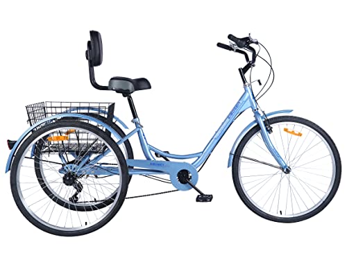Ey Easygo Adult Tricycle, 3 Wheel Bike Adult, Three Wheel Cruiser Bike 24 inch 26 inch Wheels Option, 7 Speed, Wide Handlebar, Pedal Forward for More Space, Water Blue