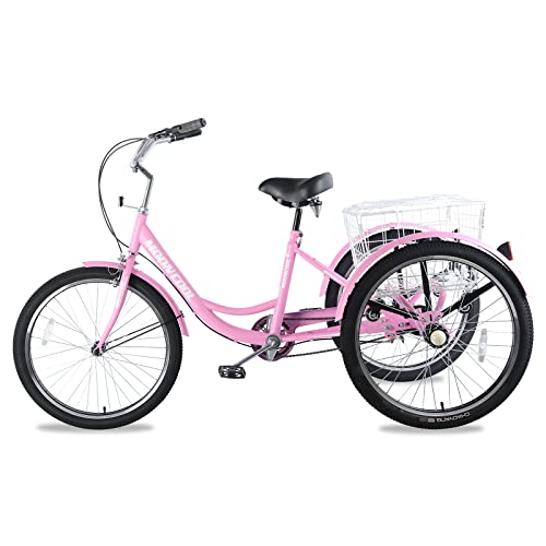Barbella Adult Tricycles, Single Speed Adult Trikes 24/26 inch 3 Wheel Bikes, Three-Wheeled Bicycles Cargo Cruise Trike with Removable Wheeled Basket for Recreation Shopping