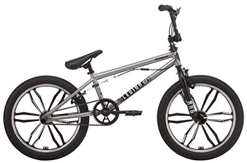 Mongoose Legion Mag Freestyle Sidewalk BMX Bike for Kids, Children and Beginner-Level to Advanced Riders, 20-inch Wheels, Hi-Ten Steel Frame, Micro Drive 25x9T BMX Gearing, Silver