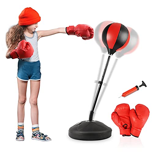 ELEMARA Punching Bag with Stand for Adults Kids, Boxing Bag Plus Boxing Gloves, Height Adjustable Reflex Speed Bag with Stand, Red and Black, 35''-47''